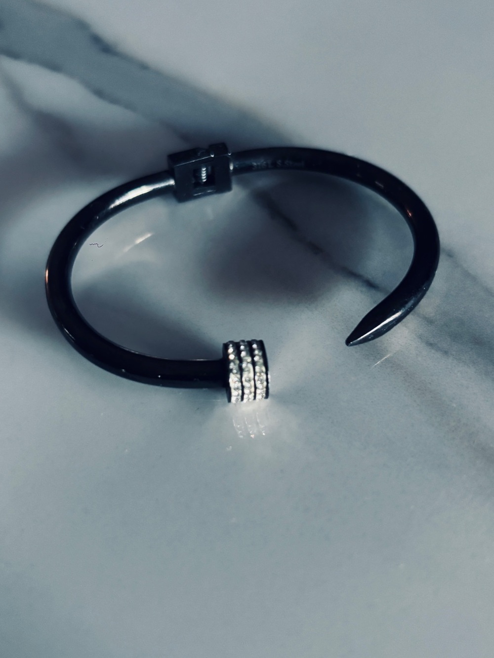 Black Stainless Nail Cuff Bracelet with Crystal Ring Accent - Picture 4 of 6